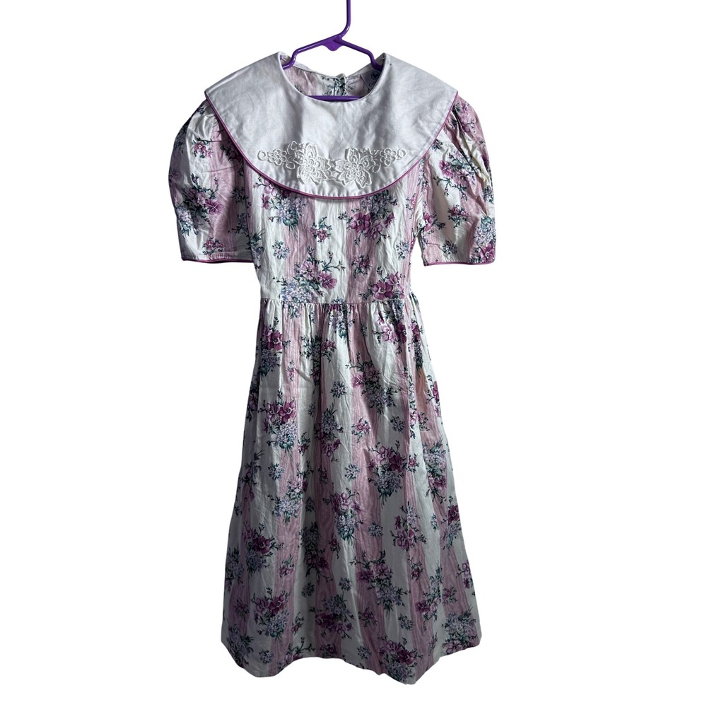 Carrousel Floral Stripe Dress 10 Pink Purple Lace Collar USA Kids 72114